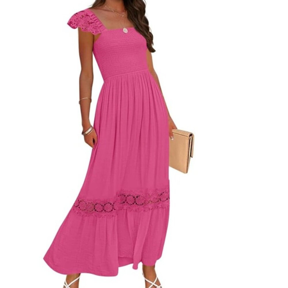 Pink Summer Lace Strap Sleeveless Smocked Maxi Dress | Medium